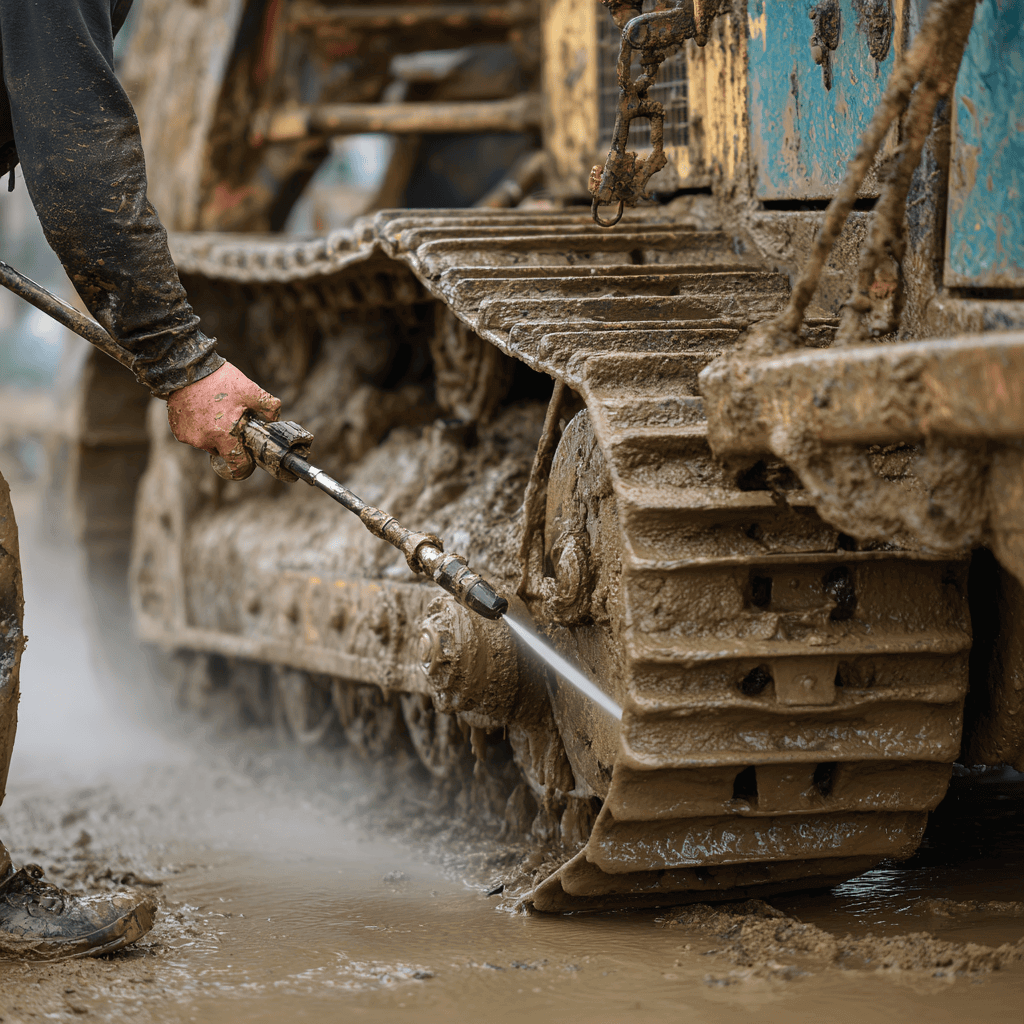 2 Heated pressure washer cleaning a heavy machine